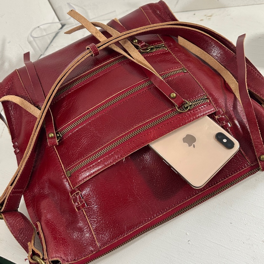 Lucky deep red color leather large cross body shoulder tote. - Picture 2 of 10